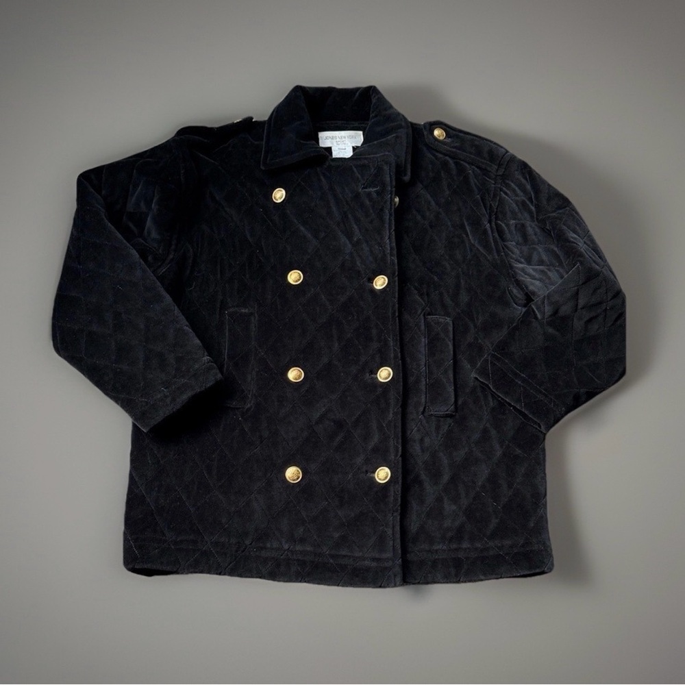 Jones New York Black Velvet Quilted Pea Coat with Gold Buttons Size PL‎